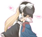  alice_margatroid behind_hat blonde_hair couple hane_(hanegoya) hat hat_removed headwear_removed heart holding holding_hat implied_kiss kirisame_marisa kiss multiple_girls spoken_blush spoken_heart touhou yuri 