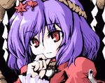  brooch dress gem hair_ornament hairband jewelry leaf_hair_ornament long_sleeves looking_at_viewer non-web_source puffy_long_sleeves puffy_sleeves red_dress red_eyes rope solo touhou upper_body yasaka_kanako 