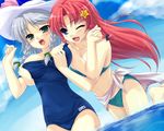  bikini day hat hong_meiling izayoi_sakuya long_hair multiple_girls ocean one-piece_swimsuit one_eye_closed pulled_by_another red_hair ribbon school_swimsuit sea_chicken short_hair silver_hair swimsuit swimsuit_pull touhou 