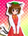  :&lt; animal_ears brown_hair cat_ears cat_tail chen earrings hat jewelry multiple_tails purple_eyes short_hair solo tail touhou 
