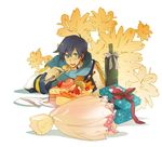  blue_hair bottle cake eating flower food gift kaito luo_zi male_focus pastry solo vocaloid 