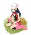  bag beanie blue_eyes blue_hair boots duffel_bag gen_4_pokemon hat hikari_(pokemon) matsurika pink_footwear pokemon pokemon_(creature) red_scarf scarf shaymin sleeping 