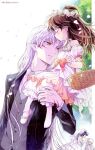  1boy 1girl basket black_hair black_jacket bow bride chikariya child closed_eyes closed_mouth collared_shirt commentary_request crescent crescent_facial_mark dress dress_bow facial_mark falling_petals forehead_mark formal_clothes grey_necktie grey_vest groom highres higurashi_kagome holding holding_basket inuyasha jacket kiss kissing_forehead long_hair long_sleeves looking_at_another medium_hair necktie off-shoulder_dress off_shoulder open_clothes open_jacket pantyhose petals pink_petals puffy_short_sleeves puffy_sleeves red_bow rin_(inuyasha) sesshoumaru shirt shoes short_sleeves single_shoe sitting_on_shoulder suit_jacket upper_body very_long_hair vest waistcoat wedding_dress whisker_markings white_dress white_pantyhose white_shoes yellow_eyes 
