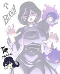  1girl @_@ absurdres alternate_breast_size_(larger) bags_under_eyes black_dress black_hair breasts chibi chibi_inset commentary cowboy_shot dress earrings gastly gengar ghost hair_between_eyes hex_maniac_(pokemon) hex_maniac_(pokemon_legends:_z-a) highres jewelry juliet_sleeves large_breasts long_hair long_sleeves looking_at_viewer meme neck_ribbon open_mouth pokemon pokemon_(creature) pokemon_legends:_z-a puffy_sleeves purple_eyes purple_nails purple_ribbon ribbon tap_me_(meme) zuchysdraws 
