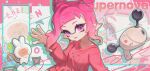 1girl character_request chu_u0spl copyright_request english_text fang hair_horns hair_ornament highres inkling inkling_girl inkling_player_character long_hair looking_at_viewer luna_blaster_(splatoon) open_mouth pink_hair pointy_ears print_sweater purple_eyes red_sweater smile solo splat_bomb_(splatoon) splatoon_(series) splatoon_3 sweater tentacle_hair waving weapon weapon_name x_hair_ornament zoom_layer 