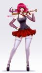  1girl absurdres bare_shoulders baseball_bat bat_(animal) belt black_belt black_shoes black_tank_top blush breasts cleavage commentary commission david_pan deviantart_username english_commentary eyelashes fingernails full_body green_eyes grey_background hand_on_own_hip highres holding holding_baseball_bat lips medium_hair multiple_belts nail_polish necktie oriignal pink_nails plaid_clothes plaid_necktie plaid_skirt platform_shoes red_hair red_necktie red_skirt shoes skirt smile solo standing tank_top thighhighs web_address white_thighhighs 