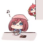  2girls :3 ahoge akino_ell apron beamed_eighth_notes blue_eyes blue_sweater blush bowl brown_hair candy chibi chocolate chocolate_bar closed_mouth collared_shirt commentary_request food go-toubun_no_hanayome green_skirt hair_ornament hair_over_one_eye headphones headphones_around_neck headscarf holding holding_bowl mixing_bowl multiple_girls musical_note nakano_itsuki nakano_miku peeking_out pink_apron pleated_skirt red_hair shirt skirt sparkle spatula star_(symbol) star_hair_ornament sweater sweater_vest v-shaped_eyebrows white_background white_shirt 