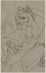 absurd_res anthro armchair balls belgefor chair decoration flower furniture genitals giraffe giraffid hi_res hooves inside male mammal masturbation monochrome open_mouth penis plant sitting sketch solo