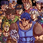  1girl 6+boys anchor_symbol armor birthmark black_background black_hair blonde_hair blue_eyes blue_hair blue_lips blue_shirt braid brown_gloves brown_hair chain clenched_teeth closed_eyes closed_mouth collarbone demonhonho dixie_cup_hat double_bun ear_birthmark earrings eyeshadow family father_and_child father_and_daughter fingerless_gloves frown gakuran giorno_giovanna gloves green_eyeshadow green_hair green_lips green_scarf grey_hair hair_between_eyes hair_bun hat higashikata_josuke higashikata_josuke_(jojolion) highres holding holding_mask horseshoe jewelry jodio_joestar joestar_birthmark johnny_joestar jojo_no_kimyou_na_bouken jojo_pose jonathan_joestar joseph_joestar joseph_joestar_(young) kujo_jolyne kujo_jotaro lipstick long_hair looking_at_viewer makeup mask meme military_hat multicolored_hair multiple_boys muscular muscular_male open_mouth parent_and_child peace_symbol pompadour purple_hair sailor_collar sailor_hat scarf school_uniform shaded_face shirt short_hair simple_background single_braid smile spider_web_print striped_clothes striped_scarf stud_earrings sunglasses tank_top teeth two-tone_hair unworn_mask v-shaped_eyebrows viltrumite_group_shot_(meme) white_hair 