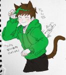  1boy :3 ^_^ animal_ears animification antenna_hair black_pants blush brown_hair cat cat_boy cat_ears cat_tail closed_eyes commentary_request cropped_legs drawstring edd_(eddsworld) eddsworld extra_ears green_hoodie hair_behind_ear hand_up hood hood_down hoodie kemonomimi_mode kou_1810 long_sleeves male_focus mixed_media pants paper_background paw_pose ringo_(eddsworld) short_hair simple_background sketch smile solo tail translation_request white_background 