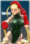  antenna_hair beret blonde_hair blue_eyes braid breasts cammy_white camouflage covered_nipples elbow_gloves fighting_stance fingerless_gloves gloves green_leotard hat large_breasts leotard lips long_hair muscle romehamu scar street_fighter twin_braids 