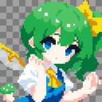 1girl blue_eyes blush bow commentary_request daiyousei dress fairy_wings green_hair hair_bow hair_ribbon highres long_hair open_mouth pixel_art ribbon shirt short_hair short_sleeves side_ponytail takeez3 touhou wings 