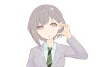  1girl bang_dream! bang_dream!_it's_mygo!!!!! brown_eyes commentary diagonal-striped_clothes diagonal-striped_necktie green_necktie grey_hair grey_jacket half-heart_hands hand_up haneoka_school_uniform highres jacket long_sleeves maa-chan_(sima) necktie open_mouth school_uniform short_hair simple_background solo striped_clothes striped_necktie takamatsu_tomori untranslatable_commentary white_background 