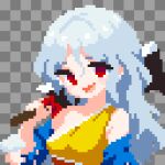  1girl bare_shoulders breasts commentary_request detached_sleeves dress grey_hair highres holding long_hair looking_at_viewer multicolored_dress open_mouth pixel_art red_eyes sakata_nemuno single_strap smile solo takeez3 touhou wavy_hair 