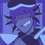  1other androgynous animated animated_gif blue_theme commentary english_commentary furry hat highres holding holding_sword holding_weapon lemonere looking_at_viewer looping_animation moray_(undertale_yellow) no_eyes open_mouth shaded_face smile solo sword undertale undertale_yellow upper_body utdr_(toby_fox) weapon 