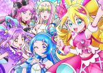  5girls ahoge aokaze_nana armpits bare_shoulders blonde_hair blue_bow blue_dress blue_eyes blue_hair blush bow bracelet braid breasts bridal_gauntlets choker closed_mouth commentary_request cure_idol cure_kiss cure_kyunkyun cure_wink cure_zukyuun detached_sleeves double-parted_bangs dress earrings elbow_gloves eyelashes frilled_dress frilled_sleeves frills gloves gradient_hair hair_between_eyes hair_bow hair_ornament hair_ribbon hairband headset heart heart-shaped_lock heart_hair_ornament highres jewelry kimi_to_idol_precure long_hair looking_at_viewer magical_girl medium_breasts meroron_(precure) midriff multicolored_hair multiple_earrings multiple_girls multiple_hair_bows musical_note musical_note_hair_ornament navel one_eye_closed one_side_up open_mouth overskirt parted_bangs pearl_earrings pink_dress pink_hair pink_streaks plaid_bow plaid_clothes plaid_skirt ponytail precure purirun_(precure) purple_bridal_gauntlets purple_choker purple_eyes purple_hair purple_overskirt purple_skirt purple_streaks ribbon sakura_uta_(precure) shigure_kokoro short_sleeves sidelocks single_bare_shoulder skirt skirt_bow sleeveless sleeveless_dress smile strapless strapless_dress streaked_hair symbol-shaped_pupils tanaka_meron tanaka_purin twin_braids twintails two-tone_hair v very_long_hair watasi wavy_hair white_dress white_hairband white_sleeves yellow_eyes 