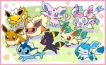  :d :o animal_focus black_eyes black_fur blue_eyes blue_fur blush_stickers border bow bright_pupils brown_eyes brown_fur eevee espeon facial_mark fang fins fish_tail flareon forehead_jewel forehead_mark full_body glaceon green_background green_fur head_fins highres jolteon leaf leafeon looking_at_another neck_fur no_humans one_eye_closed open_mouth orange_fur pink_border pink_fur pokemon pokemon_(creature) pokemon_focus purple_eyes purple_fur red_eyes ribbon sidelocks simple_background smile spiked_tail standing star_(symbol) sylveon tail umbreon vaporeon white_fur white_pupils yellow_fur yoshishi_(yosisitoho) 
