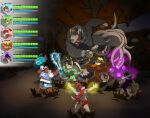 absurd_res adrian_"pepperjack"_barusso anthro armor battle canid canine canis cave clothing david_(fluffyfuzzy) diaper domestic_dog felid feline gameplay_mechanics greyden_(fluffyfuzzy) group gui health_bar hi_res kobold leoniro_the_inklion magic_user male male/male mammal marcus_(fluffyfuzzy) melee_weapon molosser mountain_dog murid murine percy_the_pilferer_(fluffyfuzzy) rat rodent saint_bernard scalie suid suine sus_(pig) sword weapon wild_boar