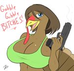 big_breasts bird blue_eyes breasts brown_hair clothing english_text female gun hair huge_breasts pistol ranged_weapon text turkey weapon zp92 