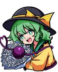  1girl arianne20131 blouse bow collar commentary disembodied_linked_eye english_commentary flower frilled_collar frills green_eyes green_hair hat hat_bow heart heart-shaped_pupils highres komeiji_koishi long_sleeves looking_at_viewer open_mouth shirt solo symbol-shaped_pupils teeth touhou upper_teeth_only white_flower yellow_bow yellow_shirt 