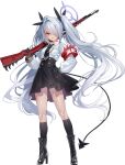  1girl armband black_boots black_gloves black_necktie black_ribbon black_skirt black_socks blue_archive bolt_action boots breast_pocket breasts buttons clenched_hand clothes_writing collared_shirt demon_girl demon_tail floating_hair full_body game_asset gloves grey_hair gun hair_over_one_eye hair_ribbon halo hand_on_own_hip high-waist_skirt high_heels highres holding holding_gun holding_weapon iori_(blue_archive) kneehighs lace-up_boots large_variant_set legs long_hair long_sleeves looking_at_viewer mauser_98 miniskirt mx2j necktie official_art one_eye_covered open_mouth over_shoulder pink_trim pleated_skirt pocket pointy_ears purple_halo red_eyes ribbon rifle shirt shirt_tucked_in sidelocks simple_background skirt small_breasts socks solo spikes standing swept_bangs tachi-e tail teeth thighs third-party_source transparent_background twintails variant_set very_long_hair weapon weapon_over_shoulder white_shirt 