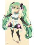  1girl anklet aqua_hair artist_name bare_shoulders barefoot black_gloves black_thighhighs bodysuit breasts commentary dav-19 elbow_gloves foreshortening full_body gloves glowing green_eyes green_hair hair_between_eyes hatsune_miku hatsune_miku_(append) jewelry long_hair medium_breasts perspective pillarboxed smile solo standing thighhighs twintails very_long_hair vocaloid white_bodysuit yellow_background 
