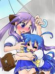  =_= ahoge bag blue_eyes blue_hair blush closed_eyes hair_ribbon hiiragi_kagami hug izumi_konata kogaku_kazuya long_hair lucky_star mole mole_under_eye multiple_girls panties pantyshot pantyshot_(standing) purple_hair rain ribbon standing umbrella underwear yuri 