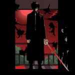  1boy black_hair blood blood_on_weapon broken broken_sword broken_weapon coat enten_(sword) fish flying_fish full_body goldfish holding holding_sword holding_weapon jacket kagurabachi katana long_sleeves male_focus partially_shaded_face red_eyes rokuhira_chihiro scar scar_on_cheek scar_on_face short_hair solo sword wanderjegson weapon 