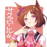  1girl animal_ears ascot blush breasts brown_hair commentary_request flower_in_eye highres horse_ears horse_girl looking_at_viewer medium_breasts panch4989new parted_lips pink_ascot pink_eyes pink_vest pink_wrist_cuffs puffy_short_sleeves puffy_sleeves purple_eyes sakura_laurel_(saisir_le_reve)_(umamusume) sakura_laurel_(umamusume) shirt short_hair short_sleeves solo symbol_in_eye umamusume upper_body vest wrist_cuffs 