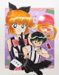  1boy 1girl ace_(playing_card) ace_of_hearts asuka_daiki black_bow black_eyes black_gloves black_hair black_pants black_shirt black_shoes blue_eyes bow bowtie card closed_mouth collared_shirt commentary_request confetti elbow_gloves floating_hair fukatsuki_mizuki gloves hair_bow hand_on_own_knee hand_up haneoka_meimi heart highres holding holding_paper index_finger_raised indian_style kaitou_saint_tail long_hair magical_girl orange_hair pants paper pink_bow pink_bowtie pink_skirt playing_card ponytail projected_inset reading saint_tail shirt shoes signature sitting skirt sleeveless sleeveless_shirt small_sweatdrop suspenders three_of_clubs traditional_media white_shirt 