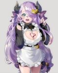  1girl apron blue_eyes blush breasts cleavage cleavage_cutout clothing_cutout commentary_request draph food food_on_body food_on_breasts food_on_face granblue_fantasy hair_over_one_eye heart_cutout horns huge_breasts icing kenshi_nagataro long_hair looking_at_viewer narmaya_(granblue_fantasy) narmaya_(valentine)_(granblue_fantasy) official_alternate_costume open_mouth purple_hair purple_ribbon ribbon sweater white_apron 