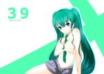  39 aqua_hair between_breasts blue_eyes breasts chawa_(yossui009) covering covering_breasts hatsune_miku highres long_hair necktie necktie_between_breasts open_fly panties short_shorts shorts simple_background solo striped striped_panties topless twintails underwear unzipped vocaloid 