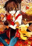  asrhion autumn autumn_leaves brown_hair day fingerless_gloves gen_1_pokemon gloves hat hat_basket hat_removed headwear_removed highres holding holding_leaf leaf maple_leaf outdoors pikachu pixiv_red pokemon pokemon_(creature) pokemon_(game) pokemon_rgby red_(pokemon) red_(pokemon_rgby) red_eyes short_hair sitting tree under_tree 