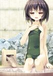  akahito bad_id bad_pixiv_id bare_shoulders black_hair blush brown_eyes covering flat_chest half-closed_eyes looking_at_viewer nipples nude_cover open_mouth original short_hair sitting soaking_feet solo towel water 