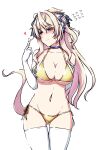  1girl animal_ears bikini blonde_hair blue_eyes blush breasts cleavage closed_mouth collarbone commentary_request deno_(denomina0) detached_sleeves elbow_gloves embarrassed full_body gloves gold_bikini hair_between_eyes hair_ornament highres horse_girl large_breasts navel simple_background smile standing swimsuit thighhighs twirling_hair umamusume victoire_pisa_(umamusume) white_background 