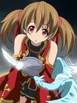  :o bare_shoulders breastplate brown_hair detached_sleeves dragon feathers hair_ribbon pina_(sao) red_eyes ribbon short_twintails silica skirt solo suemizu_yuzuki sword_art_online twintails wings 