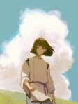  1boy absurdres arm_at_side blue_pants blue_sky blunt_ends choroi_amachori closed_mouth cloud commentary_request cowboy_shot cumulonimbus_cloud day grass green_eyes green_hair haku_(sen_to_chihiro_no_kamikakushi) highres japanese_clothes kariginu looking_at_viewer male_focus offering_hand outdoors pants purple_sash sash sen_to_chihiro_no_kamikakushi short_hair sky solo standing three-quarter_sleeves waist_sash wide_sleeves wind 