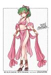  1girl anklet bangle bare_shoulders bow bra bracelet breasts brown_sandals cleavage closed_mouth commentary dancer dated earrings fire_emblem fire_emblem:_genealogy_of_the_holy_war full_body green_eyes green_hair hair_bow harem_outfit heel_up highres jewelry lene_(fire_emblem) long_hair looking_at_viewer medium_breasts navel pelvic_curtain pink_bow pink_bra polka_dot polka_dot_background ponytail sandals sayu030b signature simple_background smile solo standing stomach twitter_username underwear watermark 