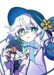  1girl alternate_costume alternate_hair_color blue_hair character_doll closed_mouth commentary_request doll flower frilled_sleeves frills furisode gradient_hair green_eyes green_hat green_sash grey_hair hat hat_flower highres illust_atelier3 japanese_clothes kimono long_sleeves looking_at_viewer monocle multicolored_hair obi one-hour_drawing_challenge reiuji_utsuho reiuji_utsuho_(bird) sash smile solo touhou touhou_lostword white_kimono wide_sleeves 