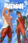  absolute_batman absolute_dc absurdres black_hair bodysuit chapter_56 closed_mouth collared_jumpsuit dc_comics dick_grayson_(absolute_dc) full_body highres holding jason_todd jason_todd_(absolute_dc) jumpsuit long_sleeves male_focus mecha multicolored_jumpsuit multicolored_suit multiple_boys pants robot sky smile taut_bodysuit two-tone_suit 