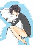  1boy asada_tarou barefoot black_eyes black_hair blush bottomless kirito long_sleeves lying male male_focus off_shoulder on_side pillow sakiyo_cake short_hair sleeves_past_wrists solo sword_art_online underwear wink 