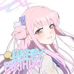  1girl backscratcher777 blue_archive blue_halo cake commentary english_text flower food from_side gradient_halo grin hair_bun hair_flower hair_ornament halo happy_birthday head_tilt highres light_blush long_hair mika_(blue_archive) multicolored_halo pink_hair pink_pupils portrait purple_flower purple_halo simple_background single_side_bun smile solo swiss_roll two-tone_halo white_background yellow_eyes 