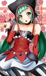  bare_shoulders cat_food_(vocaloid) detached_sleeves green_hair hatsune_miku highres long_hair open_mouth pantyhose project_diva_(series) project_diva_f solo striped striped_legwear sumeragi_tomo twintails vertical-striped_legwear vertical_stripes vocaloid yellow_eyes 