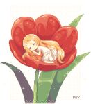  1girl andersen's_fairy_tales animated animated_gif blonde_hair closed_eyes commentary dav-19 dress english_commentary flower long_hair looping_animation mini_person minigirl on_flower pixel_art red_flower sleeping solo thumbelina_(andersen) transparent_background white_dress 