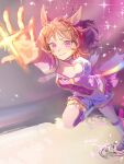  1girl animal_ears ascot blush boots breasts brown_hair closed_mouth commentary flower-shaped_pupils flower_in_eye hair_ornament highres horse_ears horse_girl outstretched_arm pink_ascot pink_eyes pink_vest pink_wrist_cuffs puffy_short_sleeves puffy_sleeves purple_eyes qwq_kbtofu ripples running sakura_laurel_(saisir_le_reve)_(umamusume) sakura_laurel_(umamusume) shirt short_hair short_sleeves shorts smile solo sparkle symbol-shaped_pupils symbol_in_eye umamusume untranslatable_commentary vest water white_boots white_shirt white_shorts wrist_cuffs 