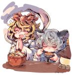  2girls :d ^_^ bishamonten's_pagoda black_streaks blonde_hair blue_capelet bowl capelet chopsticks closed_eyes commentary_request drooling eating grey_hair hagoromo hair_ornament highres holding holding_bowl houtou_(food) long_sleeves mame_komari mouth_drool multicolored_hair multiple_girls nazrin open_mouth palms_together shawl shirt short_hair smile streaked_hair toramaru_shou touhou twitter_username white_background white_shirt 