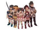  1girl 4boys agatsuma_zenitsu akemi_homura akemi_homura_(cosplay) akemi_homura_(magical_girl) ankle_boots arm_shield bare_shoulders beret black_boots black_bow black_gloves black_hair black_hat black_pantyhose black_thighhighs blonde_hair blue_boots blue_skirt blue_streaks blush boots bow bubble_skirt cape capelet chest_jewel choker closed_mouth color_connection commentary corset cosplay cross-laced_shoes crossdressing crossdressing_(mtf) detached_sleeves dress dress_bow fingerless_gloves full_body gloves gohanha118 green_eyes grey_capelet grey_ribbon grey_skirt grey_sleeves grin gun hair_bow hair_color_connection hand_on_own_hip hashibira_inosuke hat highres holding holding_gun holding_sword holding_weapon holy_quintet kamado_tanjirou kaname_madoka kaname_madoka_(cosplay) kaname_madoka_(magical_girl) kimetsu_no_yaiba kishimen_hair knee_boots long_hair long_sleeves looking_at_object looking_at_self magical_girl mahou_shoujo_madoka_magica mahou_shoujo_madoka_magica_(anime) male_focus medium_hair miki_sayaka miki_sayaka_(cosplay) miki_sayaka_(magical_girl) mohawk multicolored_hair multiple_boys neck_ribbon nervous_sweating open_mouth pantyhose pink_bow pink_choker pink_eyes puffy_short_sleeves puffy_sleeves red_boots red_eyes red_hair red_shoes ribbed_thighhighs ribbon sakura_kyoko sakura_kyoko_(cosplay) sakura_kyoko_(magical_girl) scar scar_on_face scar_on_forehead scar_on_nose shinazugawa_genya shirt shoes short_hair short_sleeves showgirl_skirt simple_background skirt smile standing streaked_hair sweat sword thighhighs tomoe_mami tomoe_mami_(cosplay) tomoe_mami_(magical_girl) tsuyuri_kanao twintails weapon weapon_connection white_background white_cape white_gloves white_shirt white_thighhighs yellow_eyes yellow_skirt 
