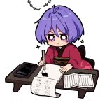  1girl :> back_bow blush_stickers book bow calligraphy calligraphy_brush chibi chibi_only commentary_request facing_viewer hangaku_th holding holding_calligraphy_brush holding_paintbrush ink japanese_clothes kimono obi paintbrush paper purple_eyes purple_hair red_kimono sash short_hair simple_background sitting solo sparkle sukuna_shinmyoumaru table touhou white_background wooden_table writing 