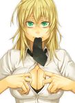  bad_id bad_pixiv_id bags_under_eyes black_bra blonde_hair bra breasts cleavage cleavage_reach green_eyes large_breasts long_hair looking_at_viewer mouth_hold mustard_seeds necktie original paizuri_invitation pov shirt solo underwear upper_body white_background white_shirt yuuji_(and) 