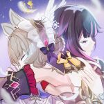  2girls baeksansan columbina_(genshin_impact) commentary_request fatui_coat genshin_impact head_wings headdress highres hug multiple_girls sandrone_(genshin_impact) sitting_on_shoulder watermark white_wings wings yuri 